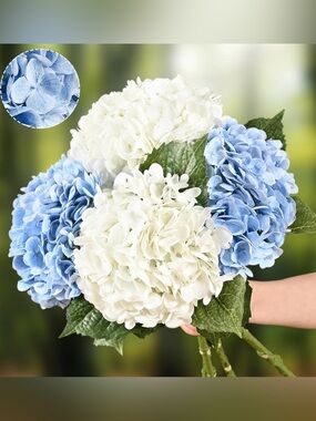NWT White and Light Blue 21" Hydrangea Bouquet Artificial Floral Stems 4 Pcs